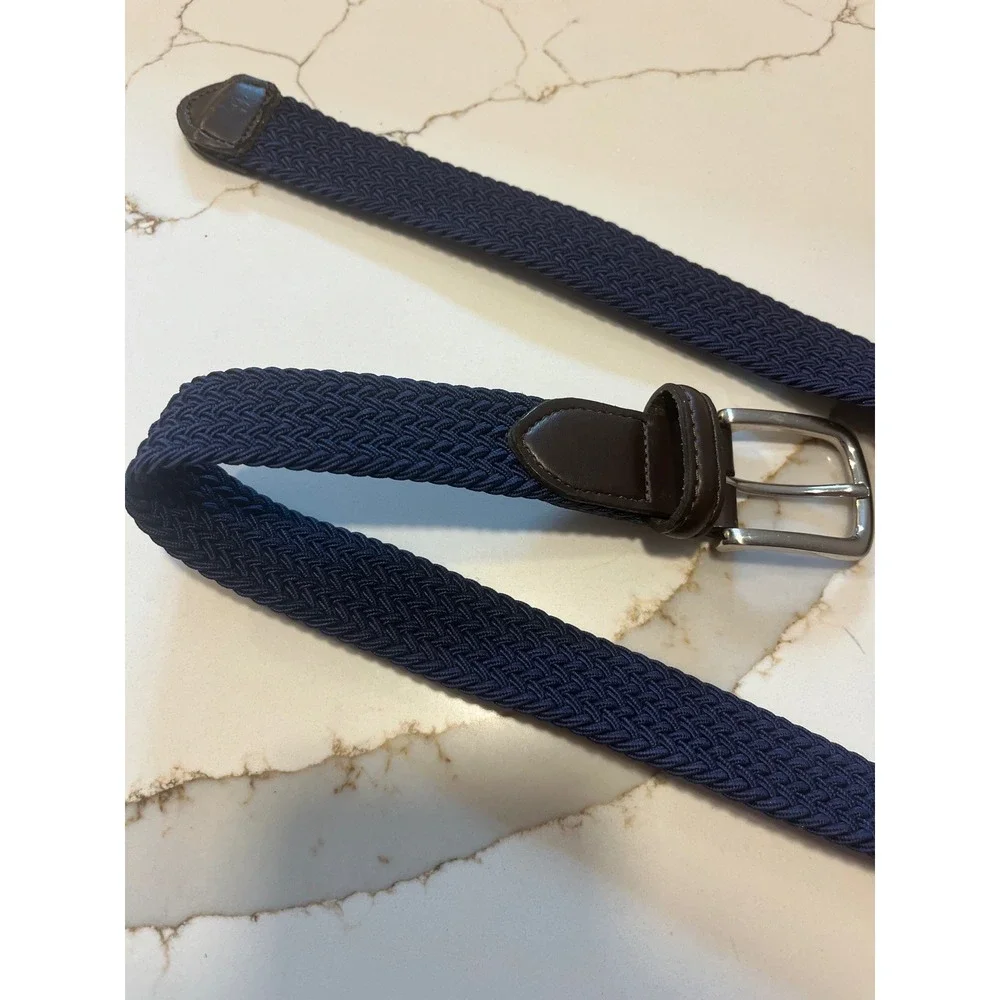 Jos A Bank Mens Navy Blue Braided Stretch Belt Brown Leather Trim Size L 30-32